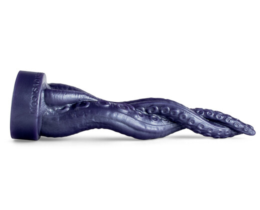 Side view of Davy’s Tendrils fantasy dildo showcasing its handcrafted tentacle design with spiral ridges and oceanic tones, ideal for immersive fantasy play.