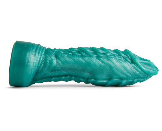 Side view of the Dragon Dildo in metallic green, showcasing its scaly, hand-sculpted shaft and fantasy-inspired ridges for deep, textured stimulation.
