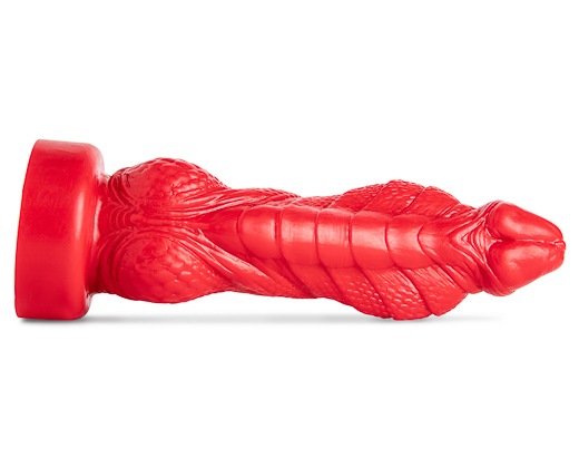 Kinky Cobra fantasy dildo by Mr. Hankey’s Toys laying flat, front view highlighting serpent-inspired head, sculpted scales, and curved silhouette in premium silicone.