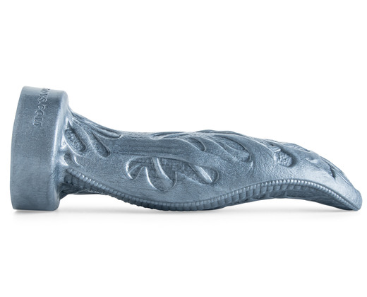 Cyberpunk dildo in Gunmetal Gray laying flat, showcasing sleek curved shape, cybernetic detailing, and sculpted futuristic design.