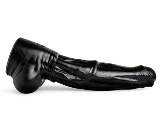 Horse Dildo II in Black, lying flat, emphasizing its dramatic curve and flared tip for deep, unforgettable penetration.