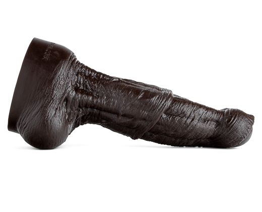 Side profile of Minotaur Dildo revealing pronounced veins and thick shaft, handcrafted for extreme stretch and primal stimulation.