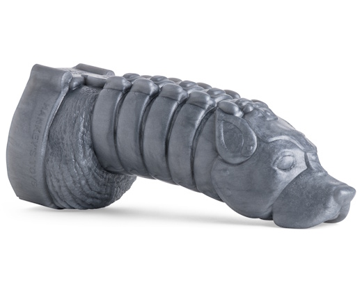 Close-up side view of the Teddy Bryce Chastity Cage Dildo in Gunmetal Gray, highlighting the detailed dog face design on the tip, crafted for immersive puppy play scenarios.