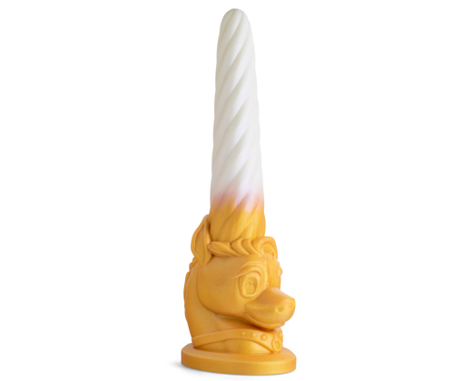 Close-up of the Unicorn Fantasy Dildo tip, showcasing the spiraled horn-inspired texture and handcrafted gold-white color blend.