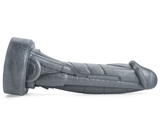 Side profile of the Sex Machine Cybernetic Dildo highlighting coiled shaft design and futuristic detailing for deep stimulation.